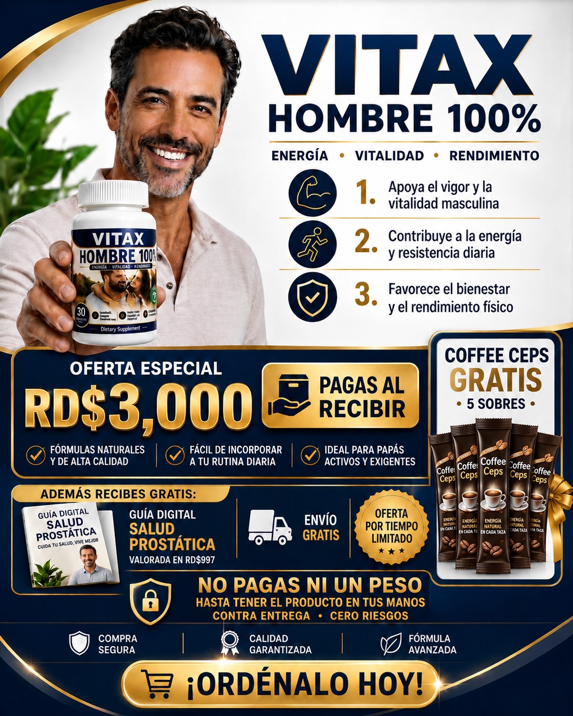 Vitax Hombre 100% con 5 sobres de Coffee Ceps y Guía Digital de Salud Prostática de regalo, RD$3,000